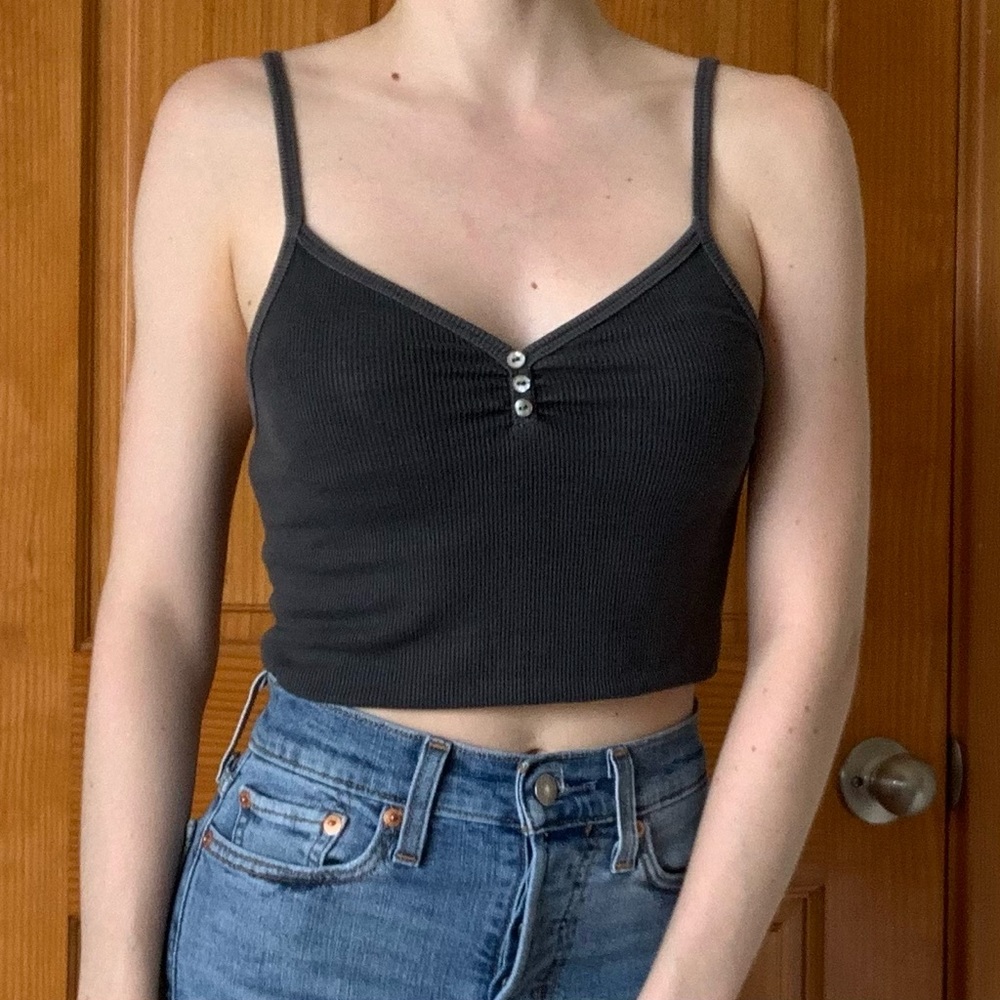 Dark Grey Henley Ribbed Tank Top